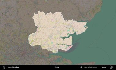 Essex. Birleşik Krallık 'ın idari alanı koyu renk bir OpenStreetMap Standart Haritası üzerine vurgulanmış ve özetlenmiştir