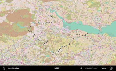 Falkirk. Birleşik Krallık 'ın bir OpenStreetMap Standart biçim haritasında özetlenmiş idari alanı