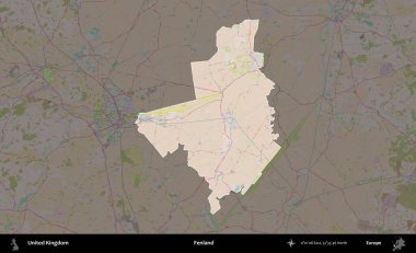 Fenland. Birleşik Krallık 'ın idari alanı koyu renk bir OpenStreetMap Standart Haritası üzerine vurgulanmış ve özetlenmiştir