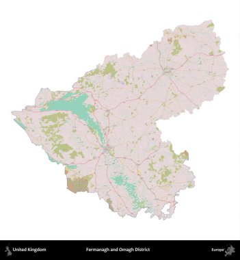 Fermanagh ve Omagh Bölgesi. Birleşik Krallık 'ın idari alanı OpenStreetMap Standart biçim haritasında beyazda izole edildi