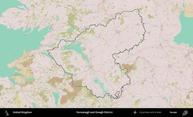 Fermanagh ve Omagh Bölgesi. Birleşik Krallık 'ın bir OpenStreetMap Standart biçim haritasında özetlenmiş idari alanı