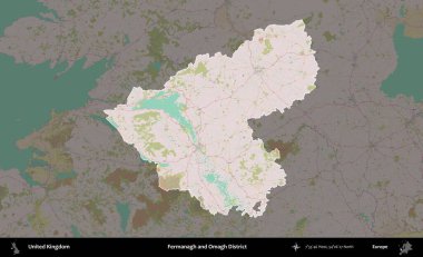 Fermanagh ve Omagh Bölgesi. Birleşik Krallık 'ın idari alanı koyu renk bir OpenStreetMap Standart Haritası üzerine vurgulanmış ve özetlenmiştir