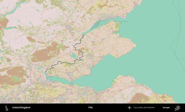 Fife. Birleşik Krallık 'ın bir OpenStreetMap Standart biçim haritasında özetlenmiş idari alanı