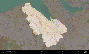 Flintshire 'da. Birleşik Krallık 'ın idari alanı koyu renk bir OpenStreetMap Standart Haritası üzerine vurgulanmış ve özetlenmiştir