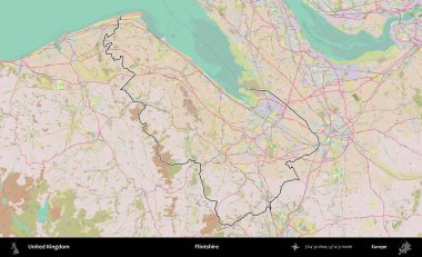 Flintshire 'da. Birleşik Krallık 'ın bir OpenStreetMap Standart biçim haritasında özetlenmiş idari alanı