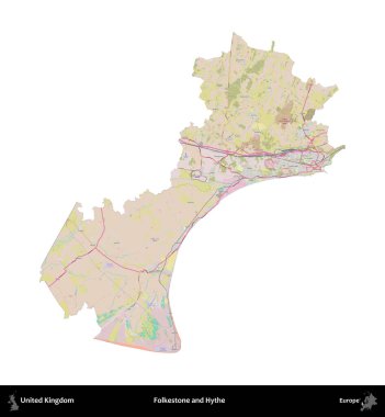 Folkestone ve Hythe. Birleşik Krallık 'ın idari alanı OpenStreetMap Standart biçim haritasında beyazda izole edildi
