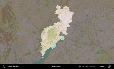 Dean Ormanı. Birleşik Krallık 'ın idari alanı koyu renk bir OpenStreetMap Standart Haritası üzerine vurgulanmış ve özetlenmiştir