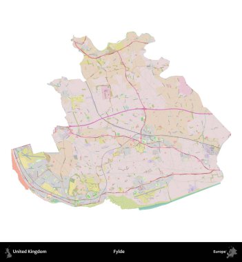 Fylde. Birleşik Krallık 'ın idari alanı OpenStreetMap Standart biçim haritasında beyazda izole edildi