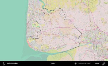 Fylde. Birleşik Krallık 'ın bir OpenStreetMap Standart biçim haritasında özetlenmiş idari alanı