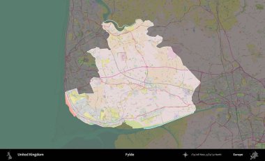 Fylde. Birleşik Krallık 'ın idari alanı koyu renk bir OpenStreetMap Standart Haritası üzerine vurgulanmış ve özetlenmiştir