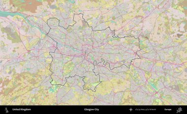 Glasgow Şehri. Birleşik Krallık 'ın bir OpenStreetMap Standart biçim haritasında özetlenmiş idari alanı