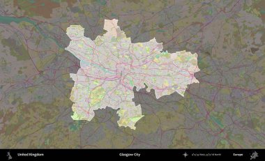 Glasgow Şehri. Birleşik Krallık 'ın idari alanı koyu renk bir OpenStreetMap Standart Haritası üzerine vurgulanmış ve özetlenmiştir
