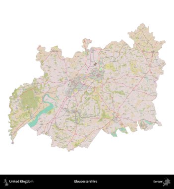 Gloucestershire 'da. Birleşik Krallık 'ın idari alanı OpenStreetMap Standart biçim haritasında beyazda izole edildi