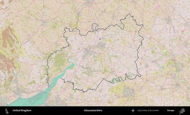 Gloucestershire 'da. Birleşik Krallık 'ın bir OpenStreetMap Standart biçim haritasında özetlenmiş idari alanı