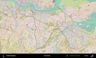 Gravesham. Birleşik Krallık 'ın bir OpenStreetMap Standart biçim haritasında özetlenmiş idari alanı