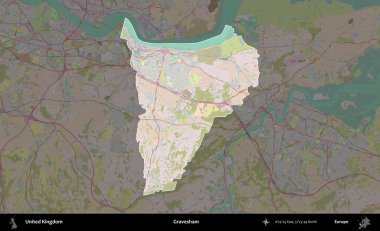 Gravesham. Birleşik Krallık 'ın idari alanı koyu renk bir OpenStreetMap Standart Haritası üzerine vurgulanmış ve özetlenmiştir