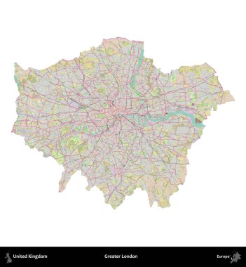 Büyük Londra. Birleşik Krallık 'ın idari alanı OpenStreetMap Standart biçim haritasında beyazda izole edildi