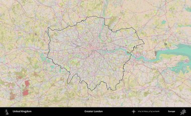 Büyük Londra. Birleşik Krallık 'ın bir OpenStreetMap Standart biçim haritasında özetlenmiş idari alanı