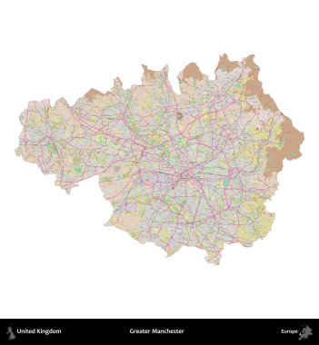 Daha büyük Manchester. Birleşik Krallık 'ın idari alanı OpenStreetMap Standart biçim haritasında beyazda izole edildi