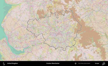 Daha büyük Manchester. Birleşik Krallık 'ın bir OpenStreetMap Standart biçim haritasında özetlenmiş idari alanı