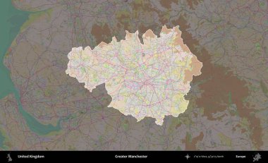 Daha büyük Manchester. Birleşik Krallık 'ın idari alanı koyu renk bir OpenStreetMap Standart Haritası üzerine vurgulanmış ve özetlenmiştir