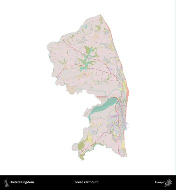 Yüce Yarmouth. Birleşik Krallık 'ın idari alanı OpenStreetMap Standart biçim haritasında beyazda izole edildi