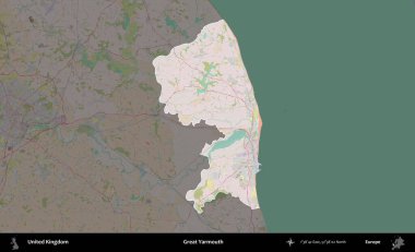 Yüce Yarmouth. Birleşik Krallık 'ın idari alanı koyu renk bir OpenStreetMap Standart Haritası üzerine vurgulanmış ve özetlenmiştir