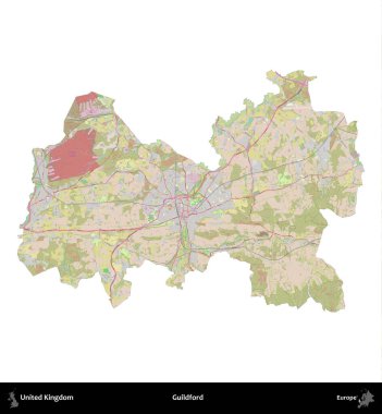 Guildford. Birleşik Krallık 'ın idari alanı OpenStreetMap Standart biçim haritasında beyazda izole edildi