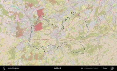 Guildford. Birleşik Krallık 'ın bir OpenStreetMap Standart biçim haritasında özetlenmiş idari alanı