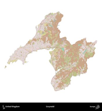 Gwynedd. Birleşik Krallık 'ın idari alanı OpenStreetMap Standart biçim haritasında beyazda izole edildi