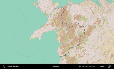 Gwynedd. Birleşik Krallık 'ın bir OpenStreetMap Standart biçim haritasında özetlenmiş idari alanı