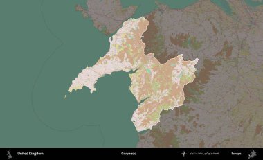 Gwynedd. Birleşik Krallık 'ın idari alanı koyu renk bir OpenStreetMap Standart Haritası üzerine vurgulanmış ve özetlenmiştir