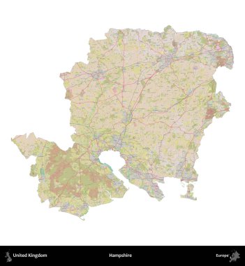 Hampshire. Birleşik Krallık 'ın idari alanı OpenStreetMap Standart biçim haritasında beyazda izole edildi