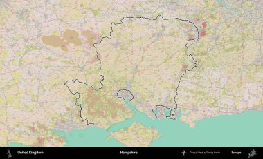 Hampshire. Birleşik Krallık 'ın bir OpenStreetMap Standart biçim haritasında özetlenmiş idari alanı