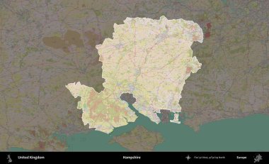 Hampshire. Birleşik Krallık 'ın idari alanı koyu renk bir OpenStreetMap Standart Haritası üzerine vurgulanmış ve özetlenmiştir