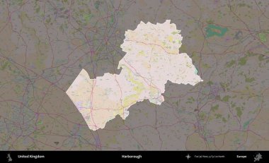 Harborough 'da. Birleşik Krallık 'ın idari alanı koyu renk bir OpenStreetMap Standart Haritası üzerine vurgulanmış ve özetlenmiştir