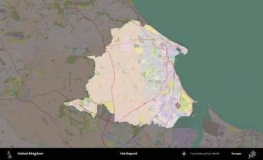 Hartlepool 'da. Birleşik Krallık 'ın idari alanı koyu renk bir OpenStreetMap Standart Haritası üzerine vurgulanmış ve özetlenmiştir