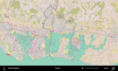 Havant. Birleşik Krallık 'ın bir OpenStreetMap Standart biçim haritasında özetlenmiş idari alanı