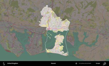 Havant. Birleşik Krallık 'ın idari alanı koyu renk bir OpenStreetMap Standart Haritası üzerine vurgulanmış ve özetlenmiştir