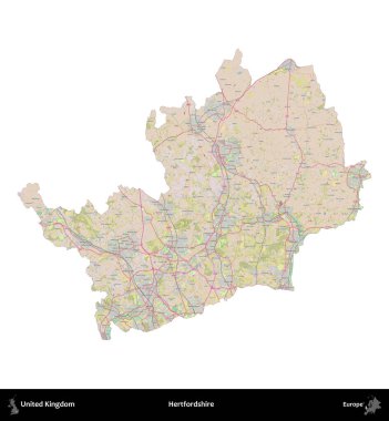 Hertfordshire 'da. Birleşik Krallık 'ın idari alanı OpenStreetMap Standart biçim haritasında beyazda izole edildi