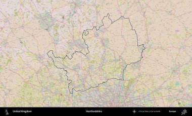 Hertfordshire 'da. Birleşik Krallık 'ın bir OpenStreetMap Standart biçim haritasında özetlenmiş idari alanı