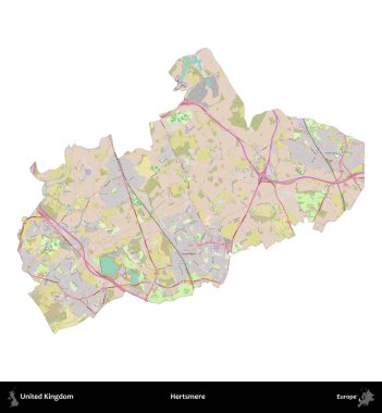 Hertsmere. Birleşik Krallık 'ın idari alanı OpenStreetMap Standart biçim haritasında beyazda izole edildi