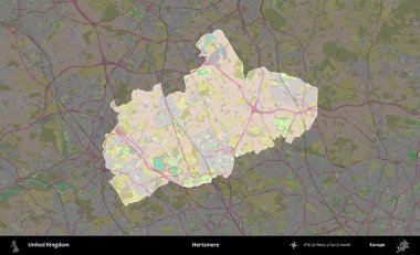 Hertsmere. Birleşik Krallık 'ın idari alanı koyu renk bir OpenStreetMap Standart Haritası üzerine vurgulanmış ve özetlenmiştir