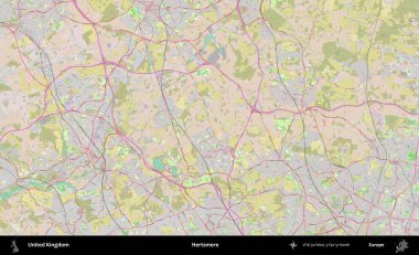 Hertsmere. OpenStreetMap Standart biçim haritasında Birleşik Krallık 'ın idari alanı