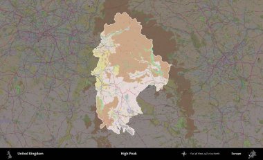 Yüksek Tepe. Birleşik Krallık 'ın idari alanı koyu renk bir OpenStreetMap Standart Haritası üzerine vurgulanmış ve özetlenmiştir