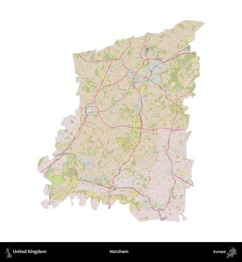 Horsham. Birleşik Krallık 'ın idari alanı OpenStreetMap Standart biçim haritasında beyazda izole edildi