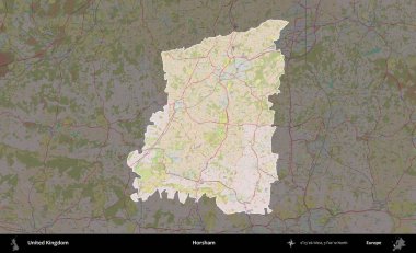 Horsham. Birleşik Krallık 'ın idari alanı koyu renk bir OpenStreetMap Standart Haritası üzerine vurgulanmış ve özetlenmiştir
