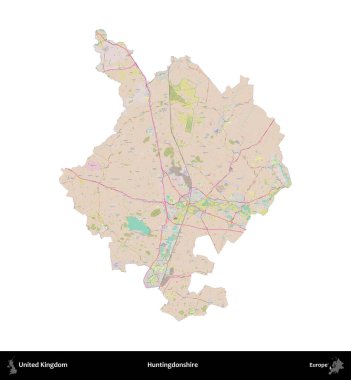 Huntingdonshire 'da. Birleşik Krallık 'ın idari alanı OpenStreetMap Standart biçim haritasında beyazda izole edildi