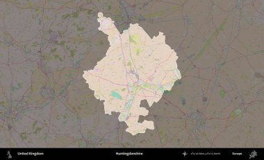 Huntingdonshire 'da. Birleşik Krallık 'ın idari alanı koyu renk bir OpenStreetMap Standart Haritası üzerine vurgulanmış ve özetlenmiştir