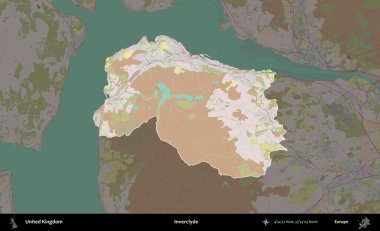 Inverclyde. Birleşik Krallık 'ın idari alanı koyu renk bir OpenStreetMap Standart Haritası üzerine vurgulanmış ve özetlenmiştir